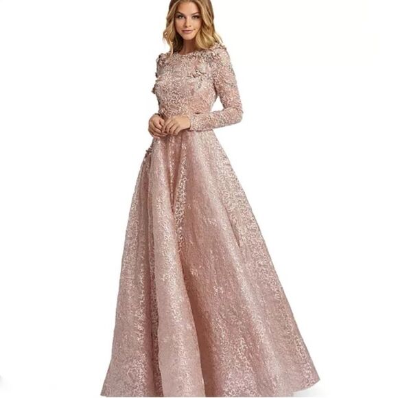 Mac Duggal Floral Appliqué Lace Long-Sleeve A-Line Gown/ size 12 - Picture 1 of 9